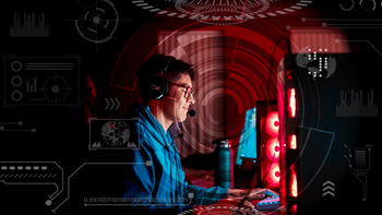 A person wears a headset and works on a computer in a dark room with red lights. There are visual details overlayed on the image that are related to computer science and artificial intelligence to make the image look techy,