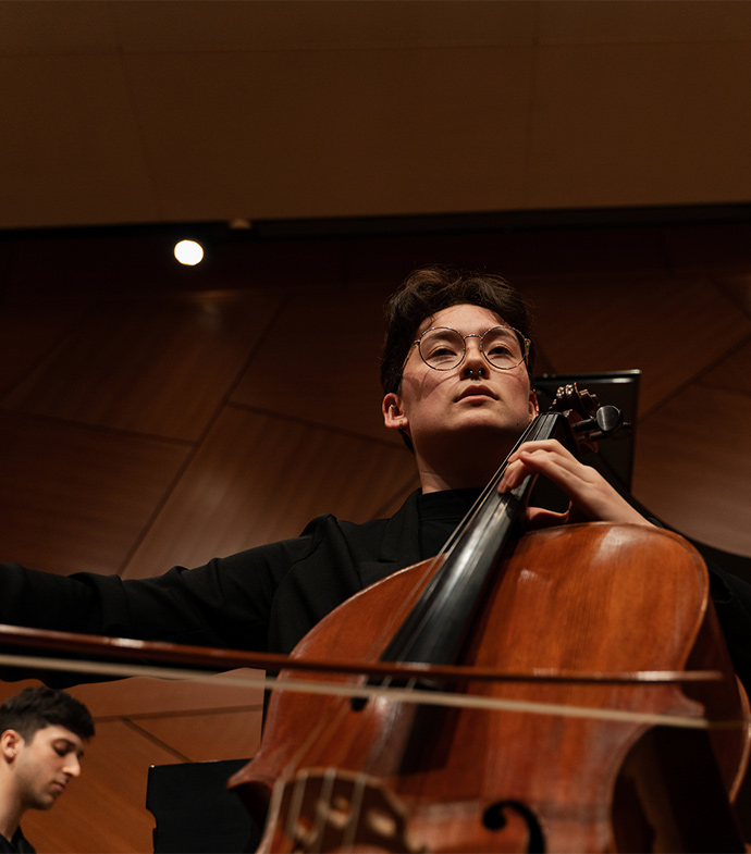 The chamber orchestra playing on stage.