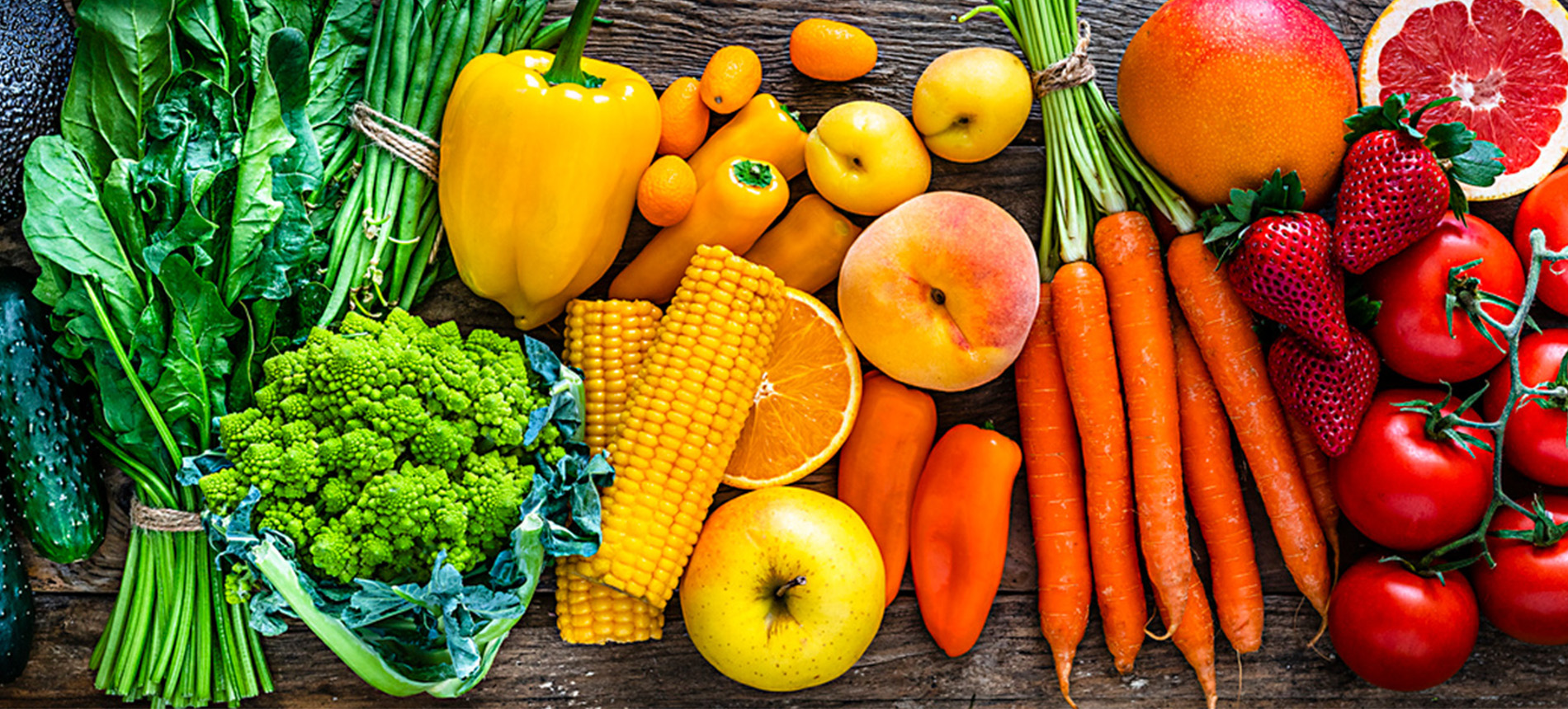 Fruit and vegetables in rainbow order. 