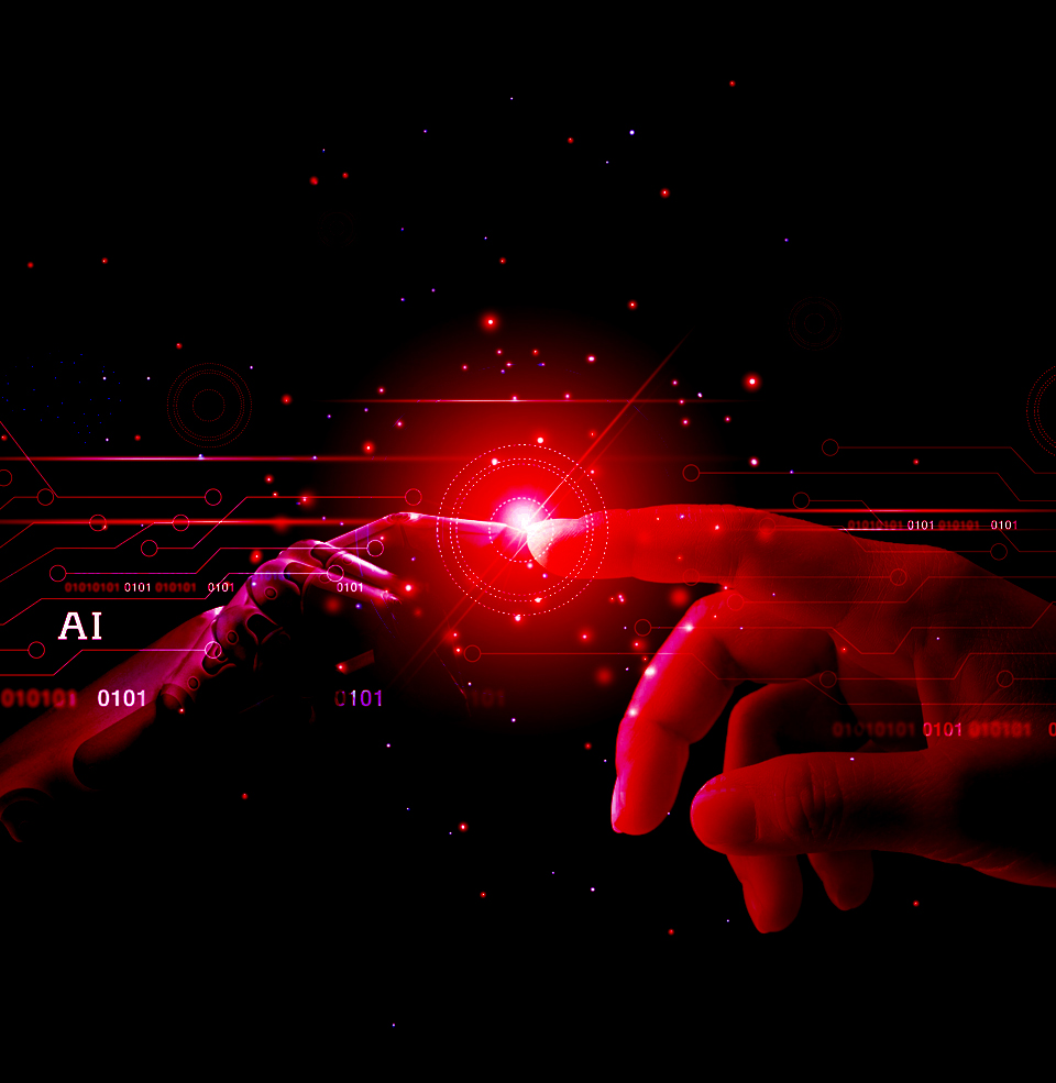 A finger touching a screen with code.