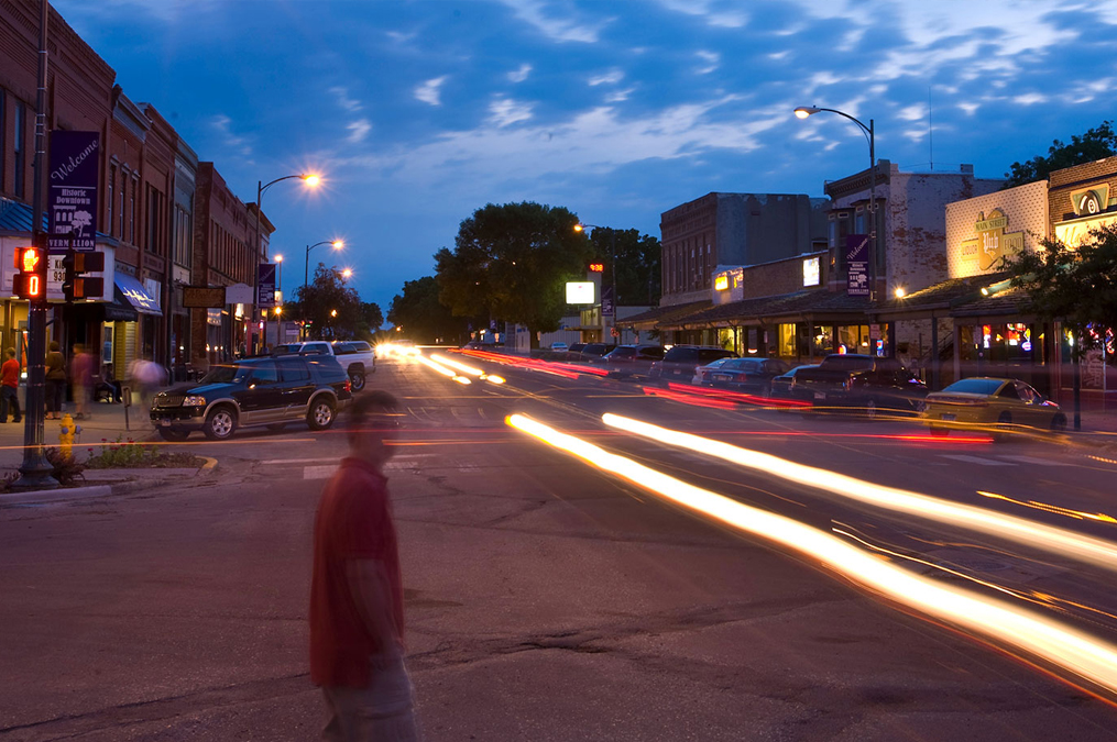 Downtown Vermillion SD looking West at sunset