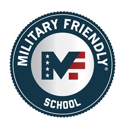 A blue red and white circle that says Military Friendly School as a logo.