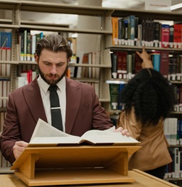 Law students studying in the law library, reading books.