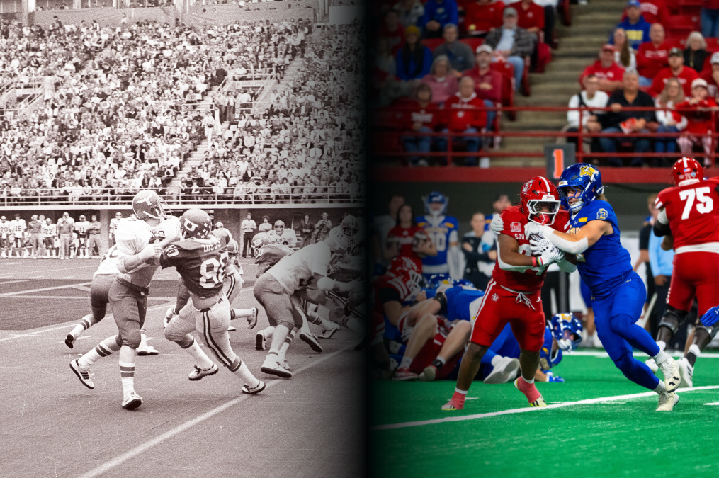 side by side of two football players in game