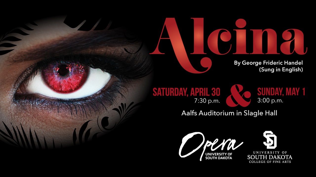 Graphic with a black background that says Alcina in red text. On the left side, there is a close up of a red eye. The graphic includes other information about the opera performance.