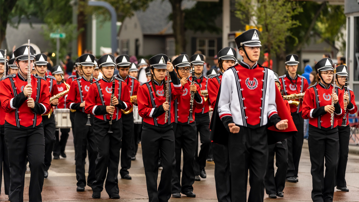 Vermillion High School band students march in the Dakota Days Parade on Main Street.