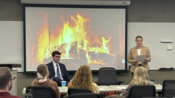 Former U.S. Supreme Court Clerk Brendan Duffy sits in front of a law school classroom, prepared to speak to the class. Former U.S. Supreme Court Clerk Brendan Duffy sits in front of a law school classroom, prepared to speak to the class.