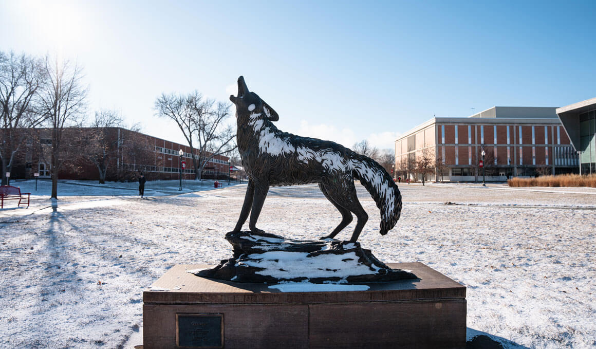 The Coyote Legacy statue sits on a snowy USD campus, with patches of snow covering the Coyote.