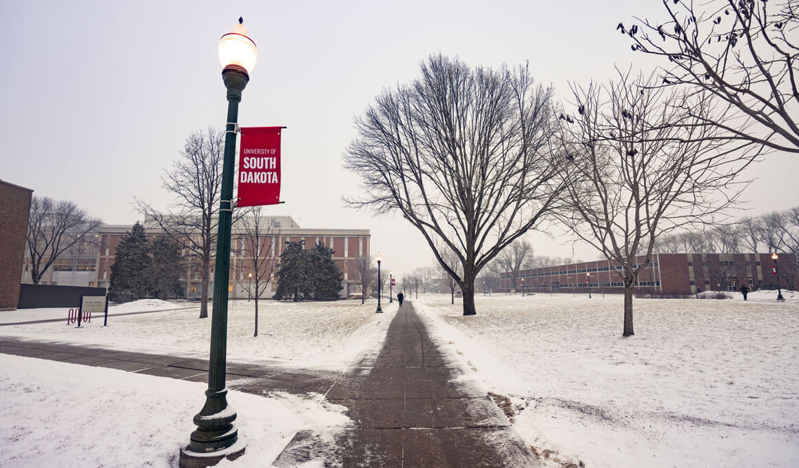 A snowy winter scene on the USD campus. A red USD banner hangs from a lamp post along a long, straight sidewalk lined with bare trees. Campus buildings frame the background as a few students walk through the snow.