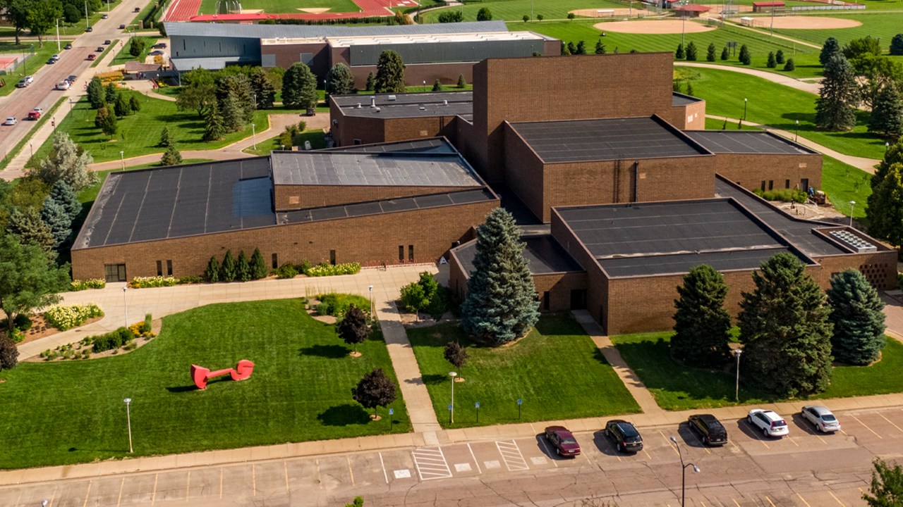 An arial image of the Warren Lee Center for Fine Arts on the USD campus.