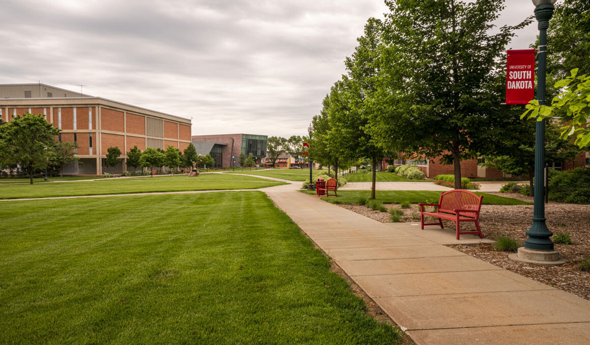This photo shows the University of South Dakota campus, with the I.D. Weeks Library and Muenster University Center in the background. In the foreground, there is green grass, a red bench, bushes and a light pole with the USD banner attached to it.