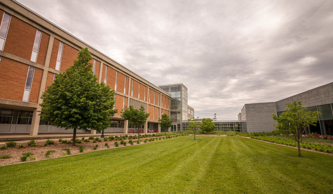 A side view of the I.D. Weeks Library, on the USD campus, which is surrounded by green grass and an overcast sky. 