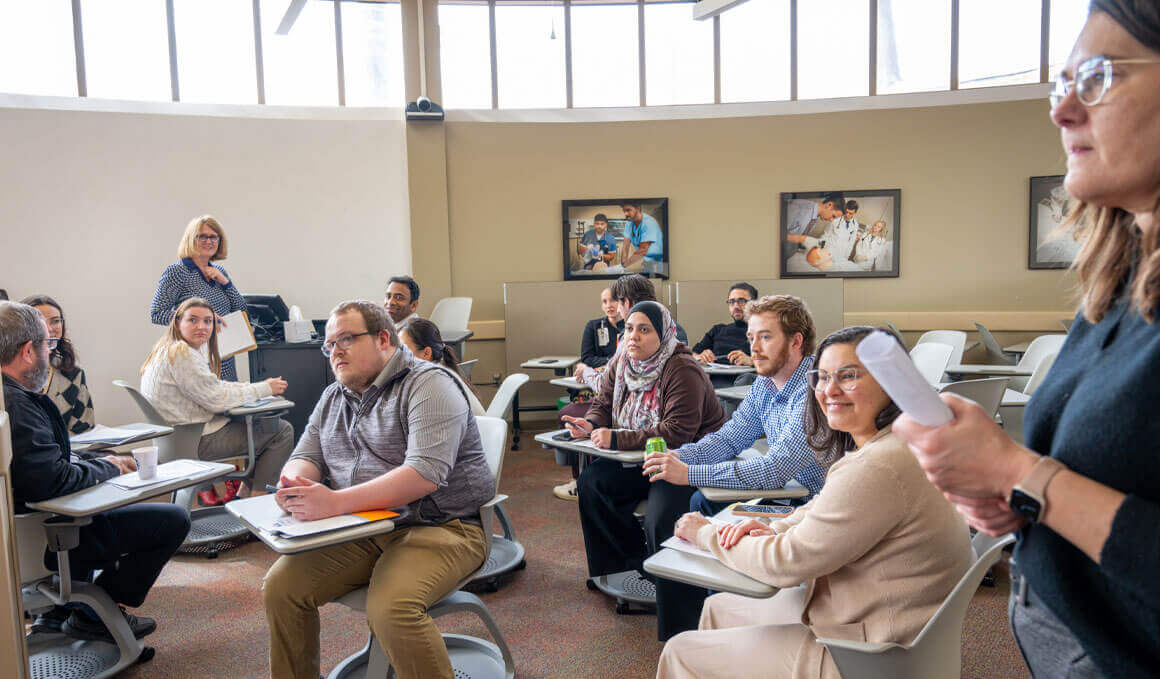 Pediatric residents from the USD Sanford School of Medicine and Mayo Clinic School of Graduate Medical Education participate in a spring simulation training on trauma-informed pediatric care and communication.
