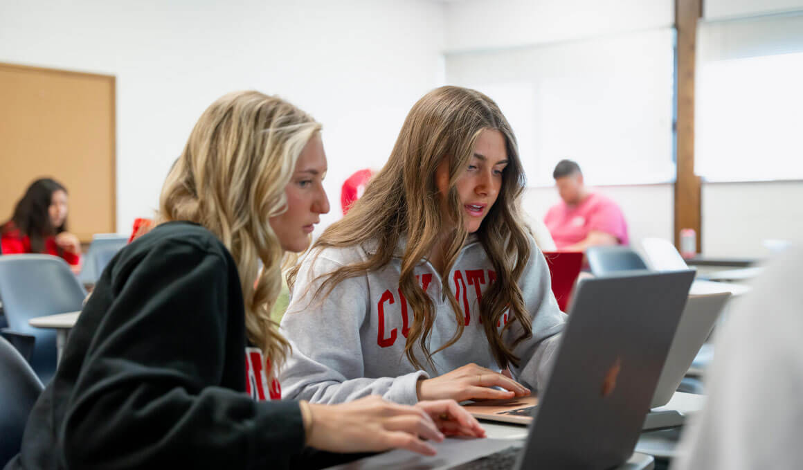 Two students in the School of Education sit in a well-lit classroom, in front of two laptops. They are wearing USD sweaters and collaborating together on a project.