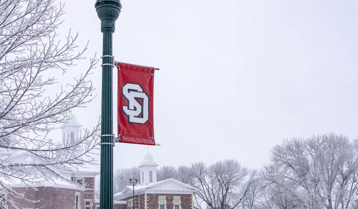 A red USD banner hangs from a black lamppost on a snowy campus, with frost-covered trees and academic buildings in the background.