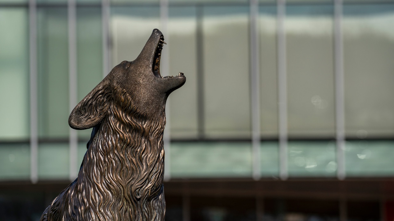 A close up shot of Legacy with the MUC windows in the background.