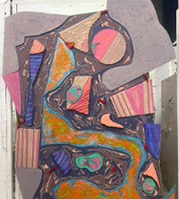 Abstract artwork with layered, organic shapes outlined in dark lines and filled with textured patterns in teal, orange, pink, purple and gray.