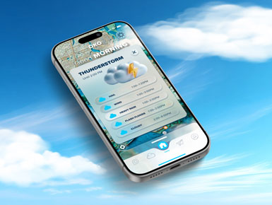 This photo shows a rendering of the OKO app on a cell phone against a blue background with white clouds. The cell phone displays a thunderstorm warning on its screen.
