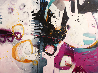 An abstract painting with large, black, organic shapes in the center and splatters of yellow, white, and red paint across the canvas.