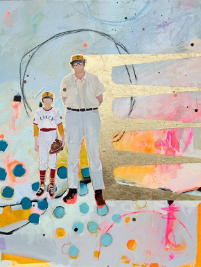 A painting of a man and a young baseball player standing next to him. There are splatters of colorful paint in the background as well as a shiny gold graphic that looks like a beam of shining light coming from behind the man. 