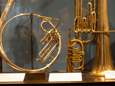 Historic horns are displayed in the National Music Museum, as part of the temporary "Of Thee I Sing" exhibition. 