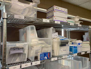 Medical supplies at Owen's Outfitters sits on a shelf.